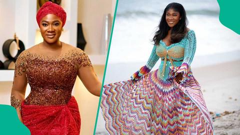 split image of Mercy Johnson in traditional and knitted outfits with graphic framing
