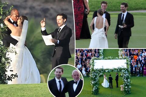 Collage: couple kissing, officiant reading from a book, bride with guests, crowd around flowered arch, inset of two men 