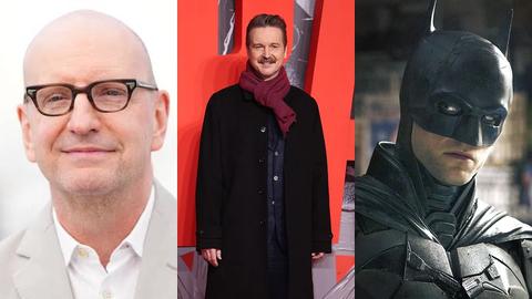 triptych showing a man with glasses, a man in a black coat and red scarf, and Batman