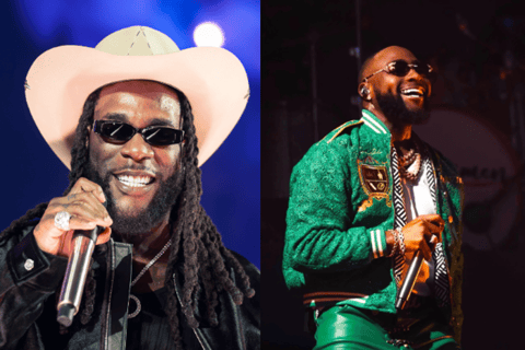 Split concert shot: singer in pink cowboy hat with mic; singer in green jacket and green trousers cheering