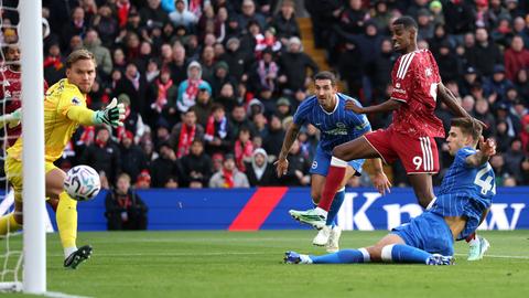 Liverpool forward in the No.9 shirt shoots past a diving keeper and sliding Brighton defenders