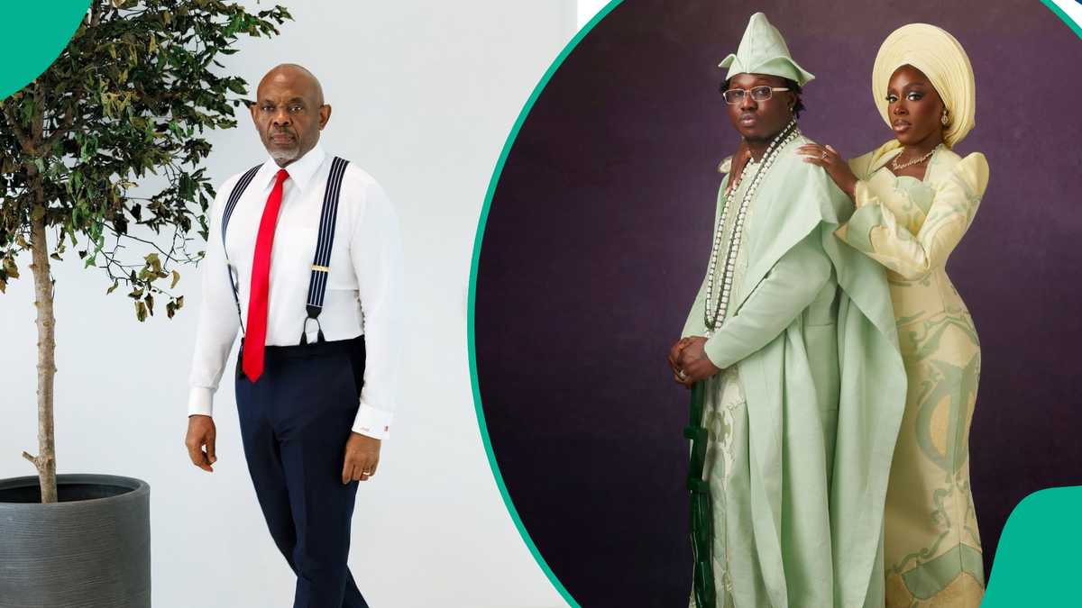 Side-by-side of a man in white shirt and red tie and the couple in pale green wedding outfits, on a green graphic backgr