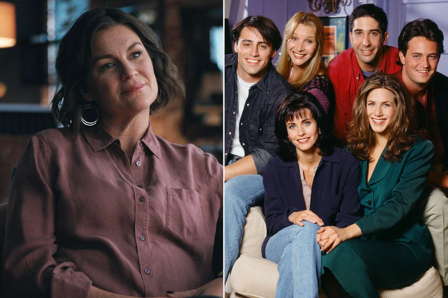 Split image: a woman in a maroon shirt beside a portrait of the six Friends cast members