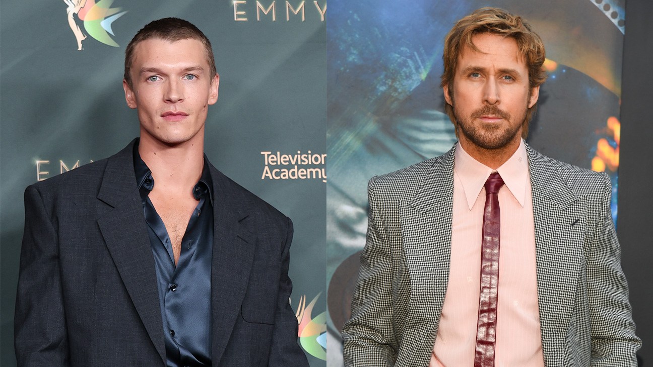 Split image of Connor Storrie and Ryan Gosling at red-carpet events; Emmy backdrop text is part of the scene, not an out