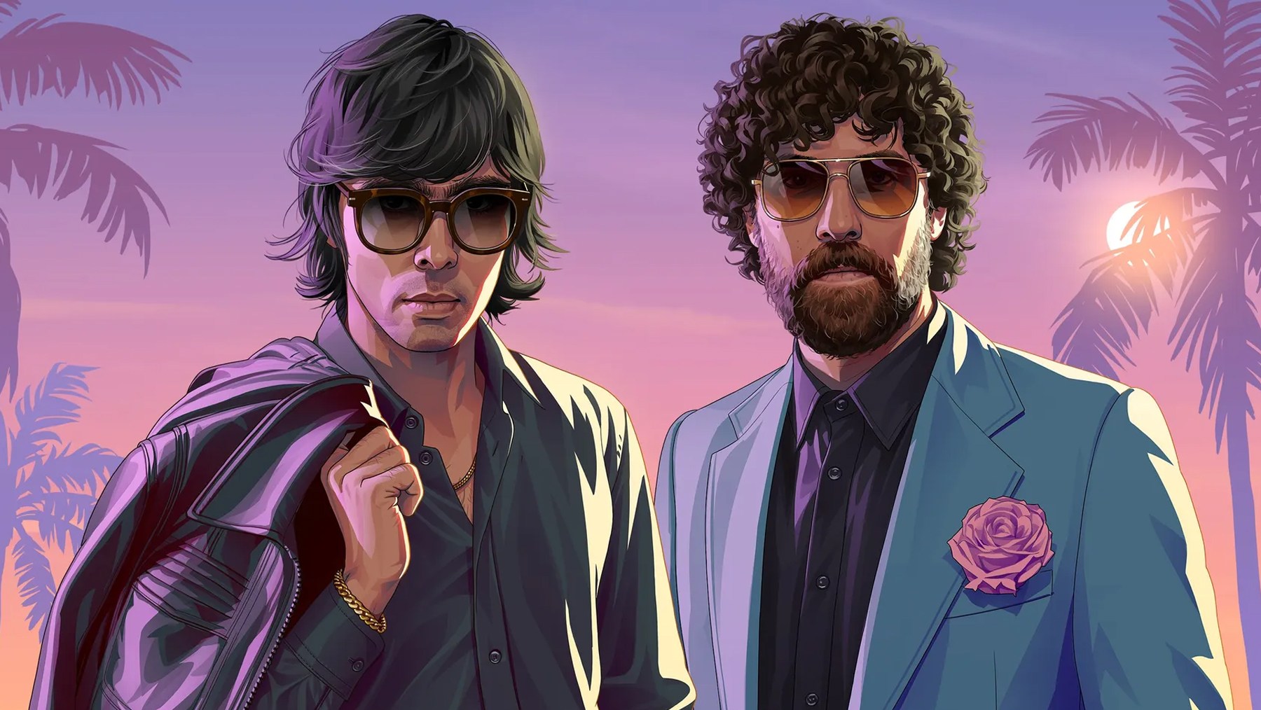 Same Justice duo artwork in a tighter crop, pink sunset sky; clean, no watermark