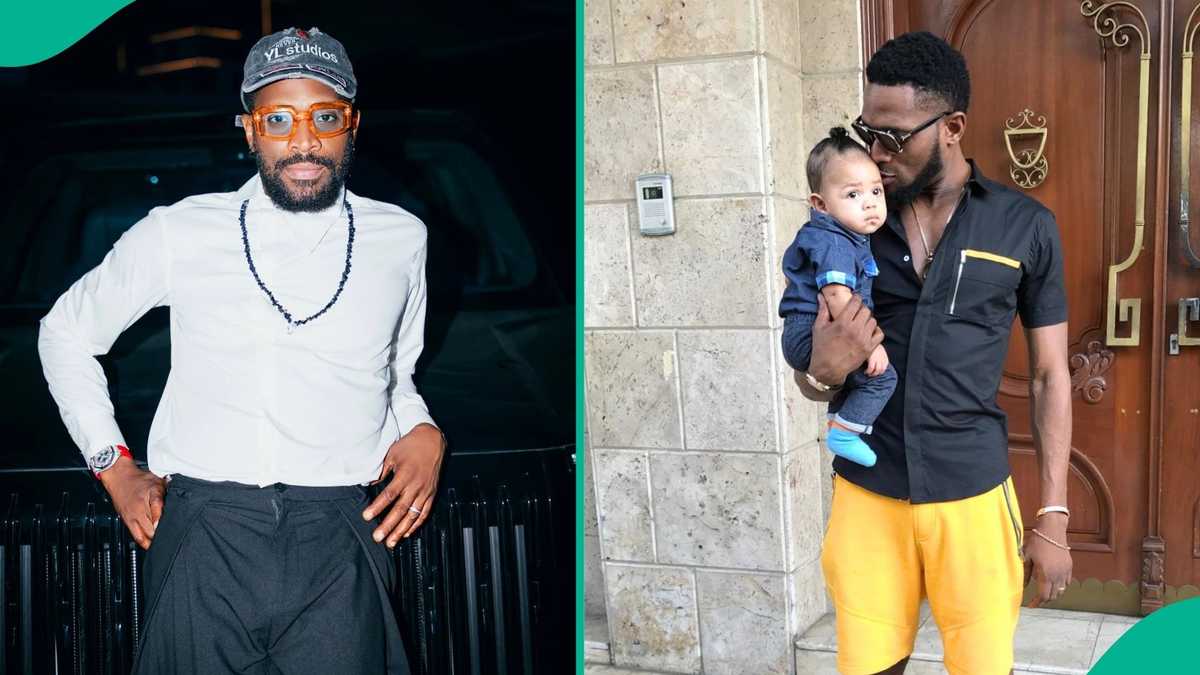 Two-shot collage of D'banj posing in a white shirt and cap, and holding a baby son; no text or logo, only decorative tea