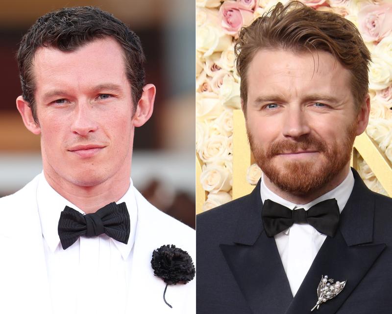 Side-by-side composite: man in white dinner jacket with black bow tie and flower pin, beside bearded man in black tuxedo