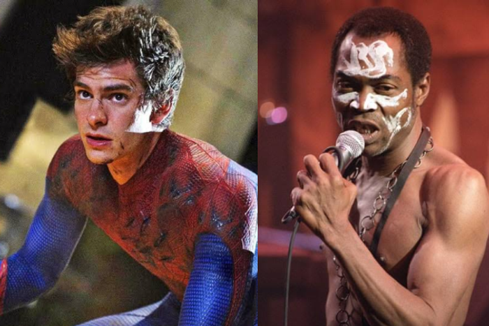 side-by-side of Andrew Garfield as Spider-Man and Fela Kuti