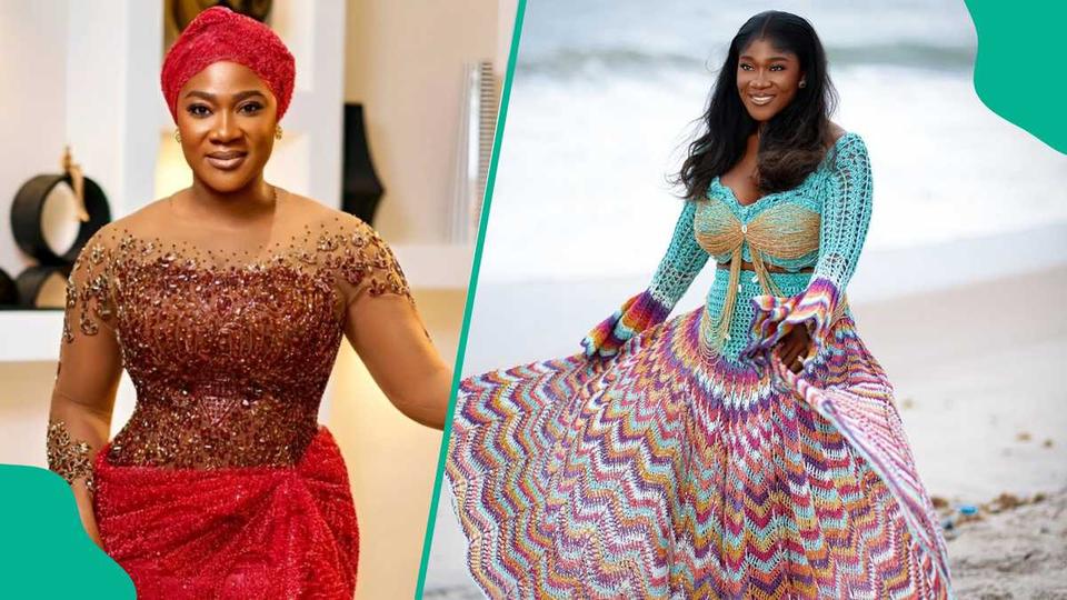 split image of Mercy Johnson in traditional and knitted outfits with graphic framing