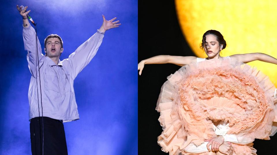 split screen showing a man performing and a woman performing