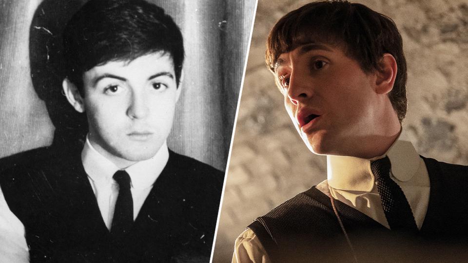 split screen showing a young man in black and white and another man in a suit