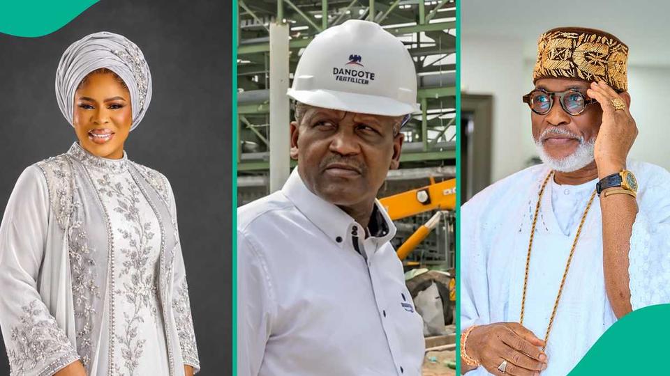collage of three people, one wearing a hard hat with Dangote logo