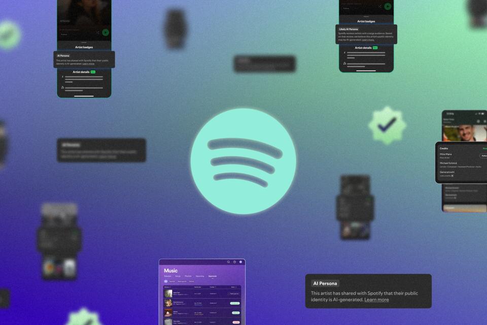 Collage showing Spotify app interface elements and AI Persona notification