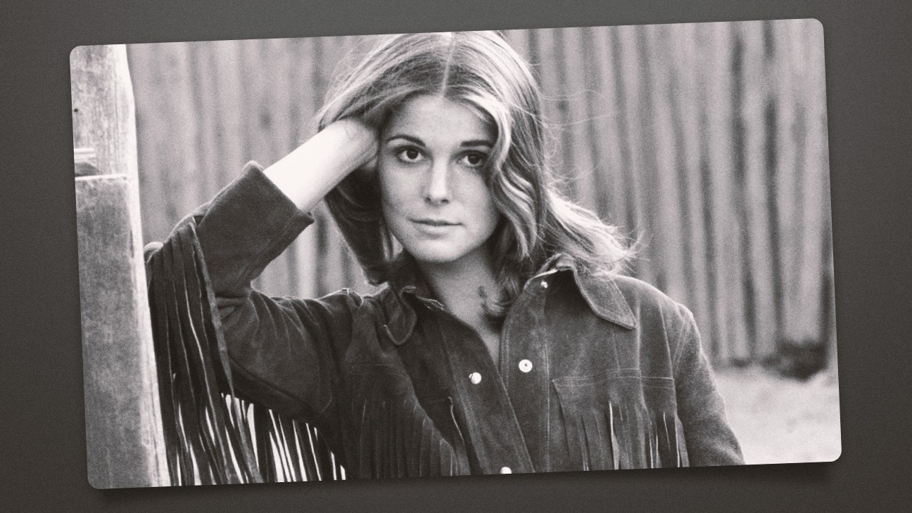 Black-and-white archival portrait of a young woman in a fringed suede jacket leaning on a post; page text identifies her