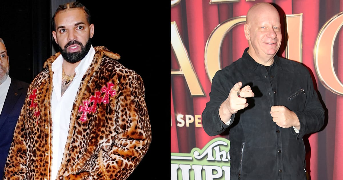 Two-panel composite: a man in a leopard-print coat with pink crosses and a bald man in a black shirt against a red event