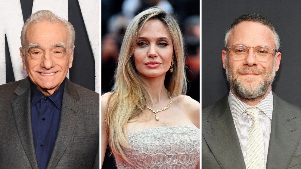 Split portrait of Martin Scorsese, Angelina Jolie and Seth Rogen on red-carpet backdrops